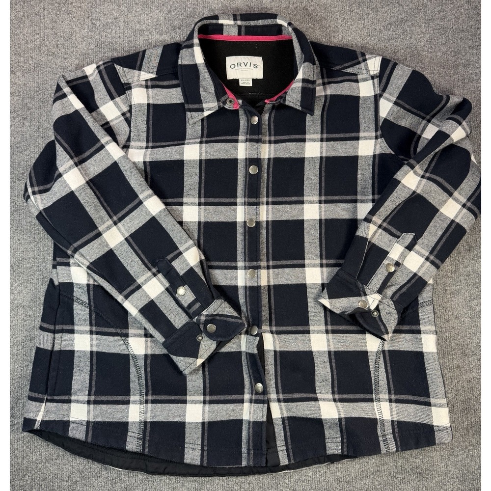 Orvis Womens Navy and White Plaid Jacket Long Sleeve Snap Closure Size XXL